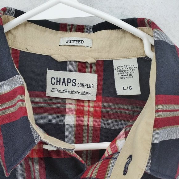 Chaps Men's Long Sleeve Casual Button Up Plaid Fitted Chest Pockets Red Large - Picture 8 of 12